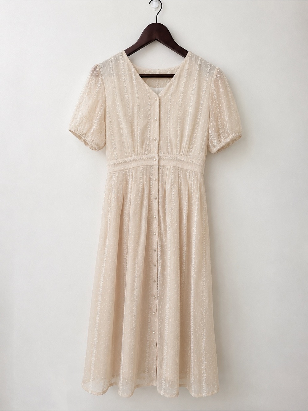 Elegant Swiss Dot Lace Pearl Button Midi Dress Lined Sheer Sleeves